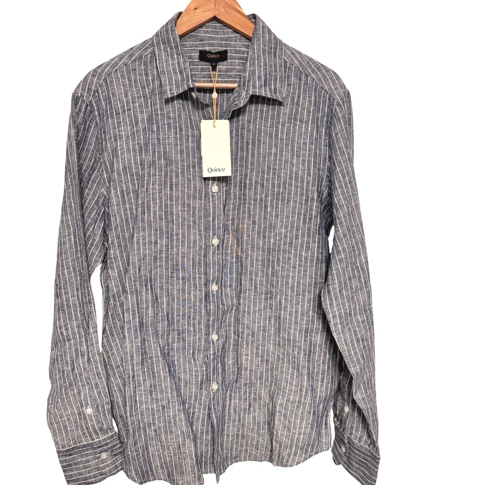 Quince Long Sleeve Shirt M Blue 100% Linen Chambray Stripe Collegiate Americana